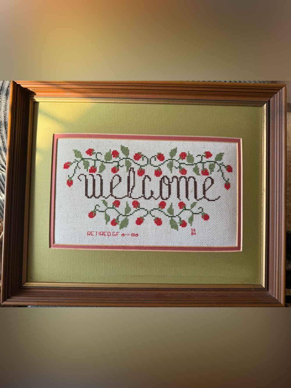 VTG “Welcome” Cross-Stitch Wall Art in Green and Red Framed Embroidered